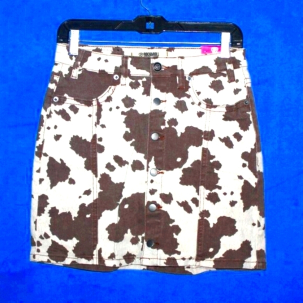 Rock & Roll Denim Original Cow Print Mini Skirt Brown NWT